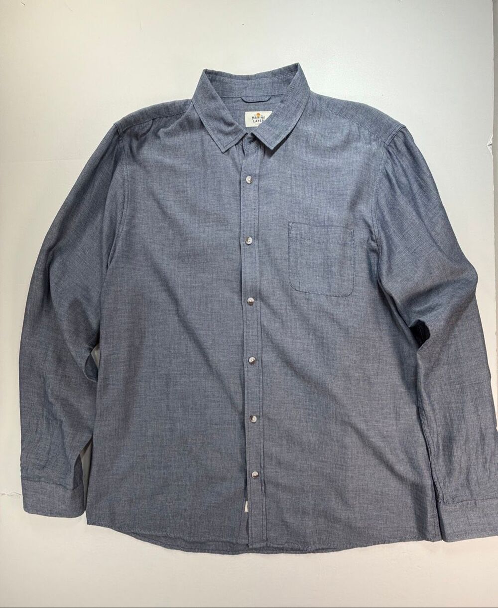 Marine Layer Men’s XL Blue Herringbone Cotton Shirt Lightweight Button Down EUC
